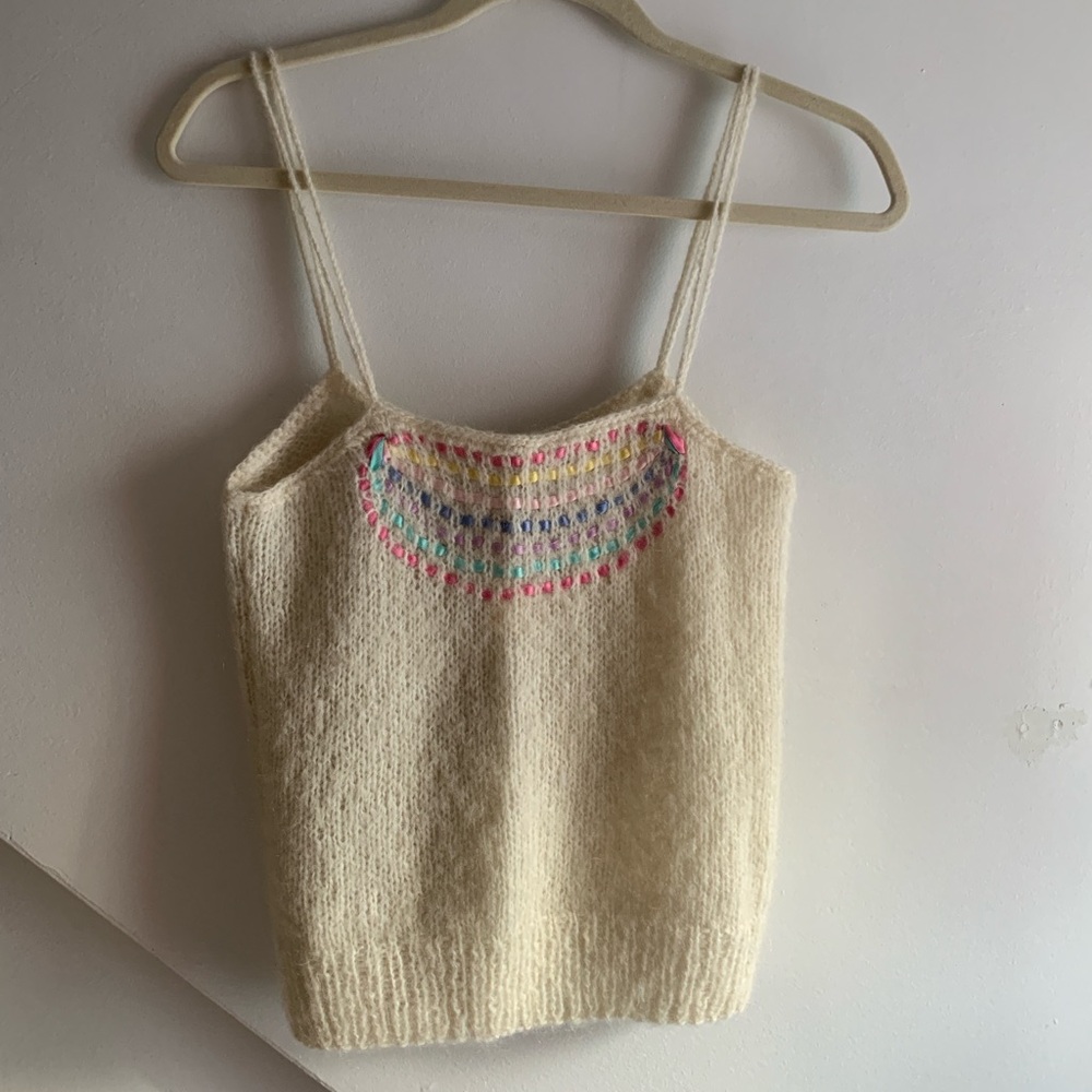 Cream Knit Tank Top with Multicolor Accents